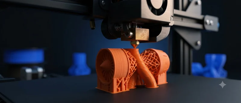Boquilla de una impresora 3D depositando filamento naranja sobre una pieza a medio imprimir