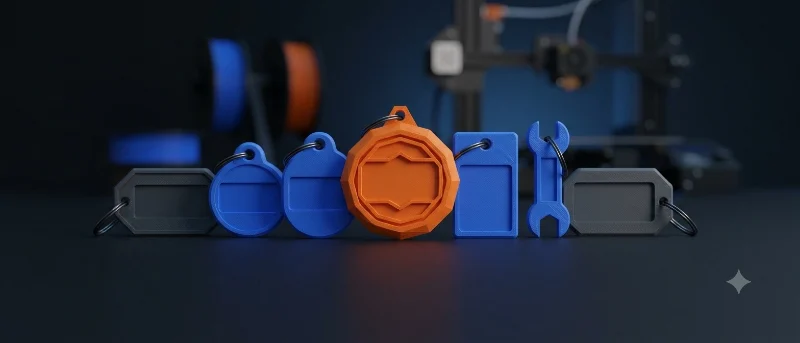 Fila de llaveros y placas impresos en 3D con la superficie lisa, listos para grabar un nombre o un logo